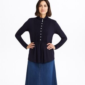 Soft Surroundings Black Pleated Button Up Turtleneck Long Sleeve Tee Large